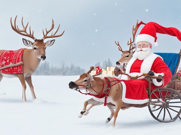 Frohe Weihnachten Foto des Weihnachtsmanns mit Hirschen und Geschenkkiste ein Team von Rentieren