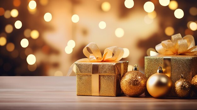 Frohe Weihnachten Goldene Weihnachtskugeln und Weihnachtsgeschenkboxen auf einem Holztisch