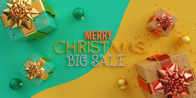 Frohe Weihnachten großer Verkauf illustrierte Komposition mit mehrfarbigen Geschenkboxen Kugeln und Dekorationen auf Türkis und Gelb