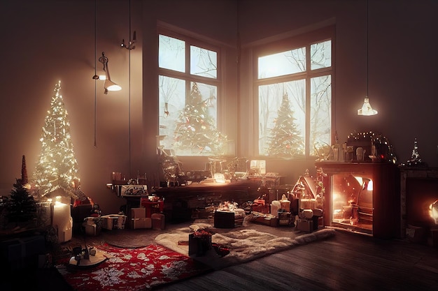 Frohe Weihnachten Hintergrund mit Geschenk neben Weihnachtsbaum in dekoriertem Raum mit Kamin Digitale Illustration