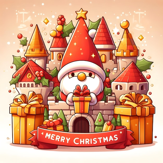 Frohe Weihnachten im Cartoon-Stil in der Mitte eines Schlosses