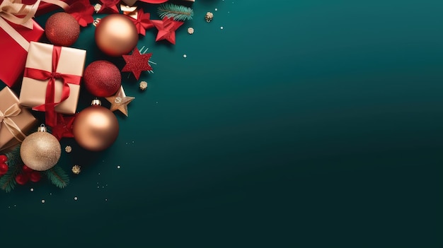 Frohe Weihnachten, rote und goldene Kugeln, Geschenkbox, Schnee, Weihnachten, Neujahr, Banner, flach, dunkelgrüner Hintergrund