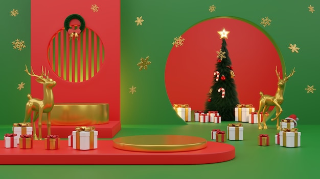 Frohe Weihnachten und ein glückliches neues Jahr., Geschenkbox, leere runde Realistische Bühne, Podium. Winterurlaub Hintergrund. Website-Header oder Banner