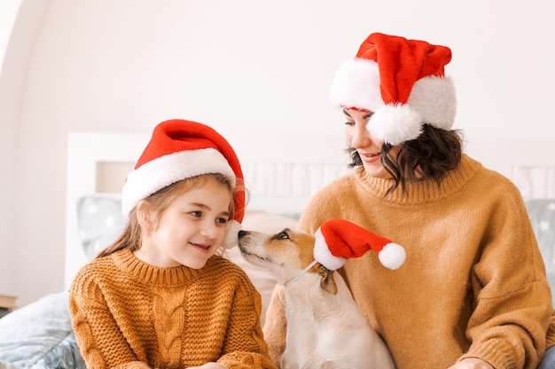 Frohe Weihnachten und ein glückliches neues Jahr Glückliche Familie mit Hund Jack Russell sind