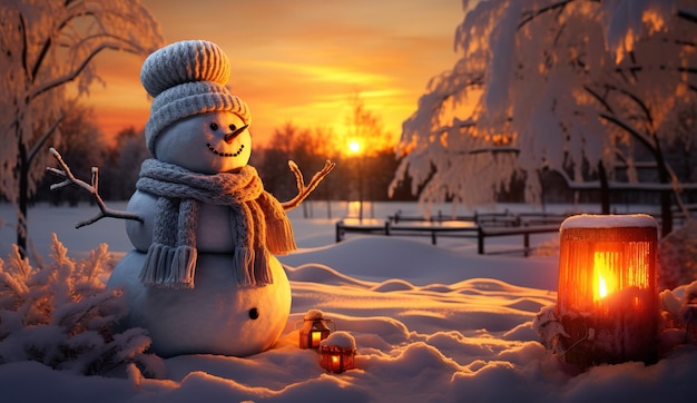 Frohe Weihnachten und ein glückliches neues Jahr Grußkarte Fröhlicher Schneemann Schneehintergrund Wintermärchen