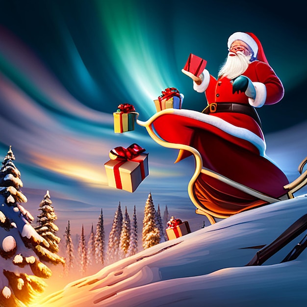Frohe Weihnachten und ein glückliches neues Jahr Grußkarte mit Weihnachtsbaum und Geschenkbox Ai generiert