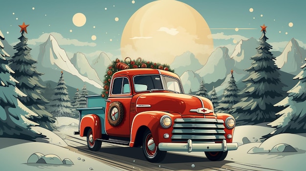 Frohe Weihnachten und ein glückliches neues Jahr, Postkarte oder Poster oder Flyer-Vorlage mit Pickup-Truck