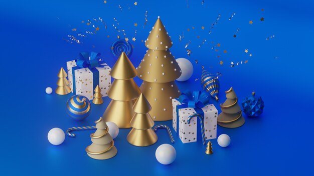 Frohe Weihnachten und ein glückliches Neues Jahr. Weihnachtsfestlicher Hintergrund mit realistischen Objekten. Zusammensetzungsform Weihnachtsbaum. Urlaubselemente, 3D-Rendering und Realismus. Grußkarte, Banner, Web-Poster.