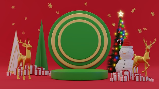 Frohe Weihnachten und ein gutes neues Jahr. Abstraktes minimalistisches Design, geometrische Weihnachtsbäume, Geschenkbox, leere runde Realistische Bühne, Podium. 3D-Rendering.