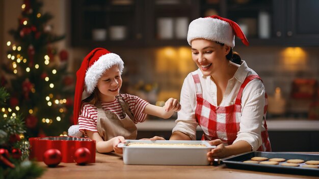 Frohe Weihnachten und frohe Feiertage Familienvorbereitung Weihnachtsessen Mutter und Tochter kochen Kuchen