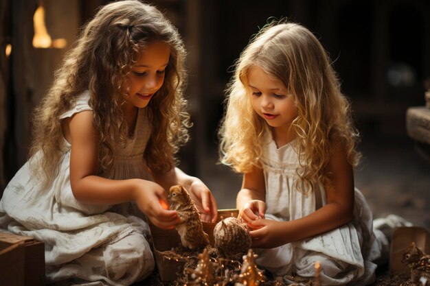 Frohe Weihnachten und frohe Feiertage Schöne kleine Kinder Mädchen mit Geschenkkiste in der Nähe des Baumes zu Hause