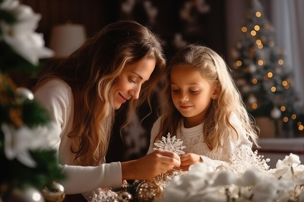 Foto frohe weihnachten und frohe feiertagemama und tochter dekorieren den weihnachtsbaum im inneren generativ ai