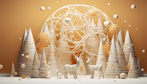 Frohe Weihnachten und frohe Neujahrsgrüße mit 3D-Bäumen, Hirschen und Geschenken
