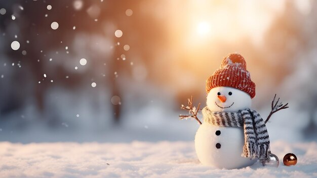 Foto frohe weihnachten und frohe neujahrsgrüßkarte mit einem glücklichen schneemann im schnee-hintergrund