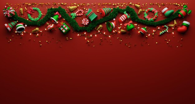 Foto frohe weihnachten und frohes neujahr banner mit geschenkkiste und dekoration geschenke hintergrund3d-rendering