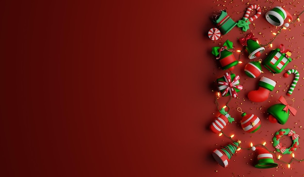 Foto frohe weihnachten und frohes neujahr banner mit geschenkkiste und dekoration geschenke hintergrund3d-rendering