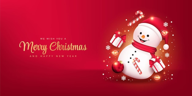 Foto frohe weihnachten und frohes neujahr banner mit süßem schneemann geschenk kiste und element