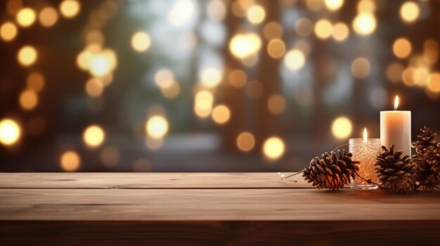 Frohe Weihnachten und frohes Neujahr Hintergrund mit leerem Holztisch über Weihnachtsbaum und verschwommenem Licht Bokeh Leere Anzeige für Produktplatzierung Rustikal Vintage Xmas Hintergrund Schönheit 2024