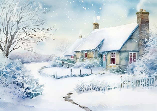 Frohe Weihnachten und glückliche Feiertage Aquarell druckbare Kunstdruck englische Landschaft Hütte als Schnee Winterferien Weihnachtskarte danken Sie und diy Grußkarte Design Landstil