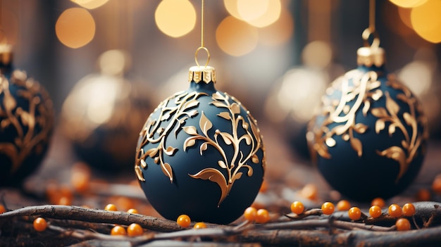 Frohe Weihnachten und Neujahr, realistische Blätter und goldener Kugelhintergrund