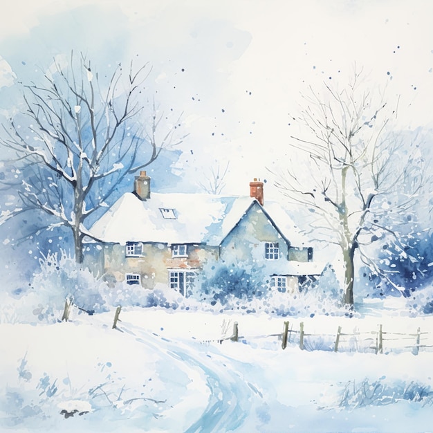 Foto frohe weihnachten und schöne feiertage, aquarell-kunstdruck zum ausdrucken, englisches landhaus als schnee, winterurlaub, weihnachtskarte, dankeschön und diy-grußkartendesign im landhausstil