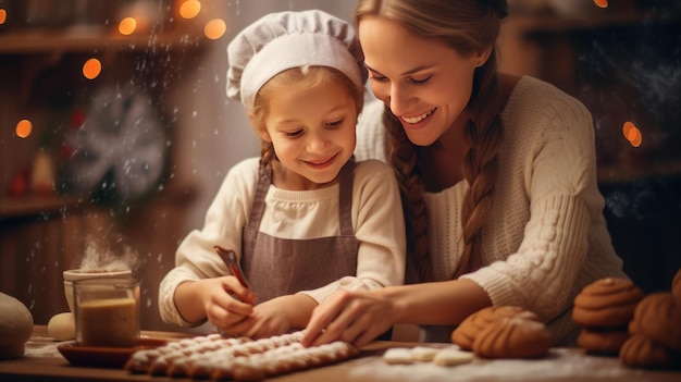 Frohe Weihnachten und schöne Feiertage. Mutter und Tochter bereiten Weihnachtsplätzchen vor