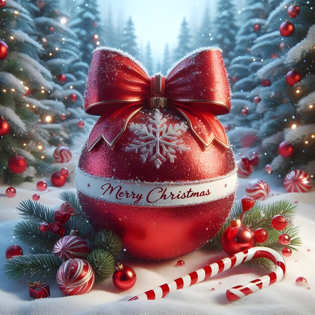 Frohe Weihnachtsgrußkarte mit Schmuck im schneebedeckten Wald 3D-Rendering