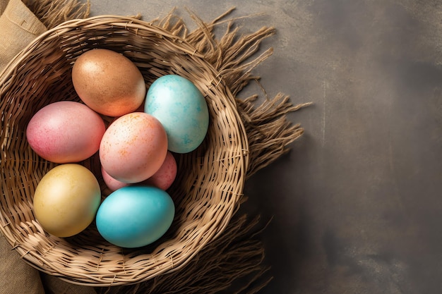 Froher Ostertag mit bunten bemalten Eiern im Korb oder im Nest auf einem hölzernen Hintergrund oder Kopierraum