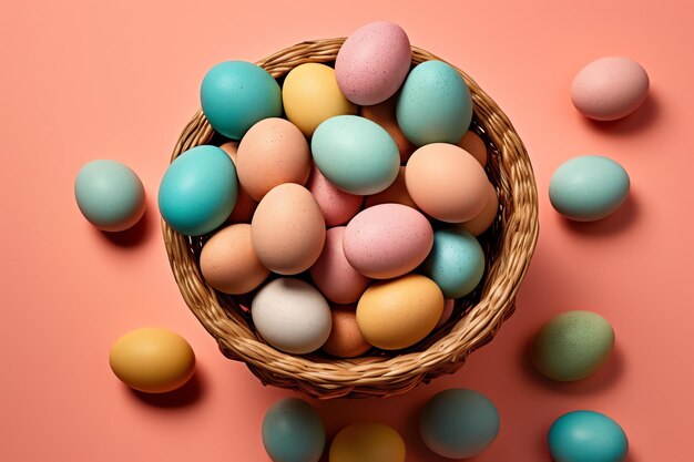 Froher Ostertag mit bunten bemalten Eiern im Korb oder im Nest auf einem hölzernen Hintergrund oder Kopierraum