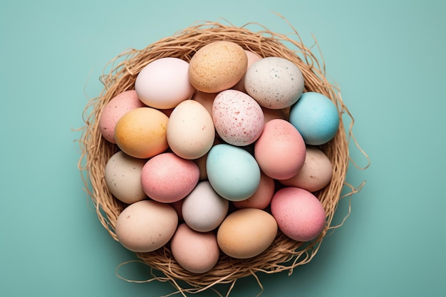 Froher Ostertag mit bunten bemalten Eiern im Korb oder im Nest auf einem hölzernen Hintergrund oder Kopierraum
