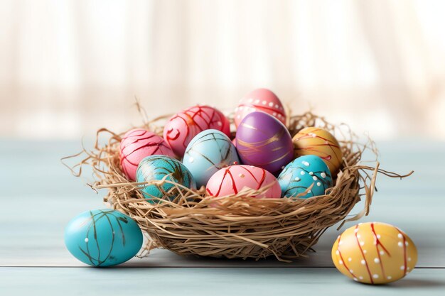 Froher Ostertag mit bunten bemalten Eiern im Korb oder im Nest auf einem hölzernen Hintergrund oder Kopierraum