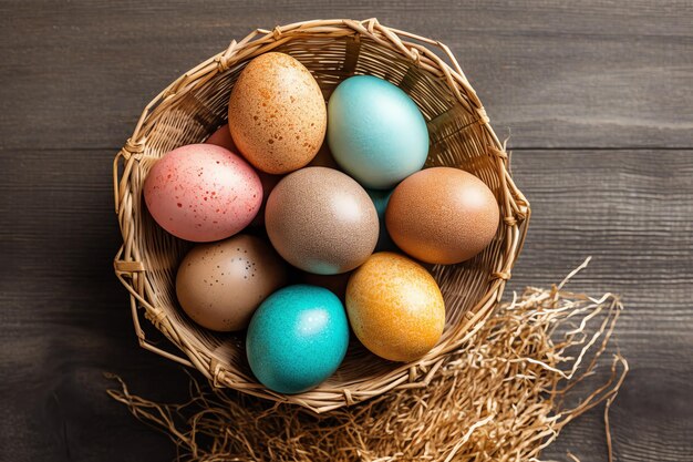 Foto froher ostertag mit bunten bemalten eiern im korb oder im nest auf einem hölzernen hintergrund oder kopierraum