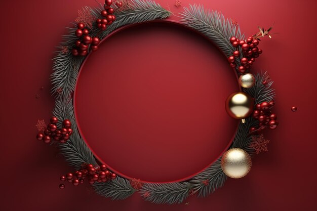 Froher Weihnachtsrahmen mit leeren Tannenzweigen und Dekorationen auf rotem Hintergrund
