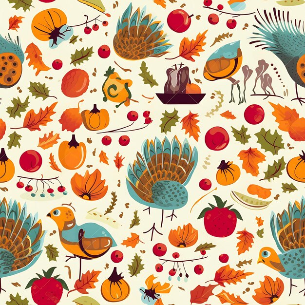 Frohes Erntedankfest, nahtloses Muster, fallender Herbst, Thanksgiving, niedliche Kürbisse, gekritzelter Hintergrund