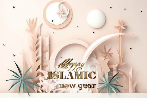 Frohes islamisches neues Jahr, neues Mond-Hijri-Jahr mit halbmondförmigem goldenem Podium, arabische Laternenmoschee 1440, kreatives Fotoplakat oder Banner, Grußkarten-Kopierraum, Mond
