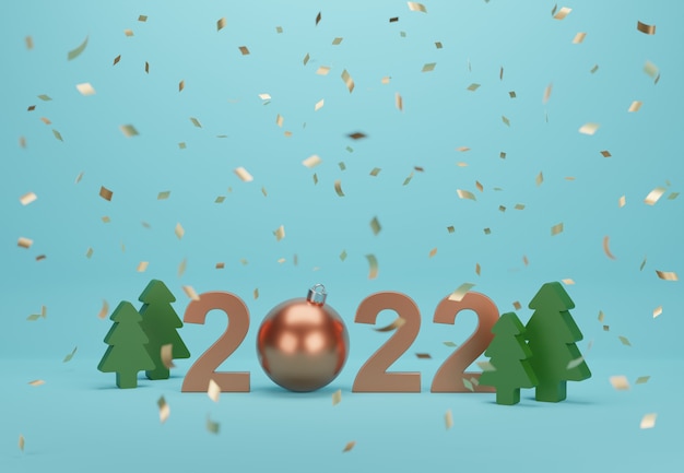 Frohes neues 2022-Jahr-Text mit der Dekoration. Minimale Textvorlage. 3D-Darstellung