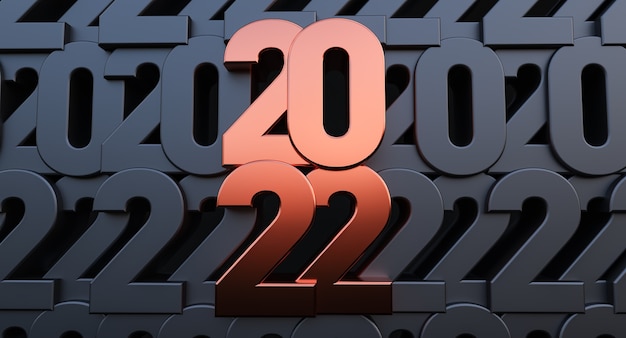 Frohes neues jahr 2022. 3d-darstellung von bronze 2022 jahr auf schwarzem numerischen hintergrund