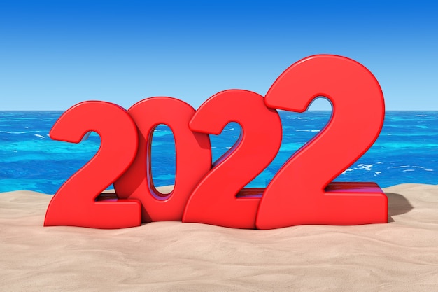 Frohes neues Jahr 2022-Konzept. 2022 Neujahrszeichen am Sonnenstrand extreme Nahaufnahme. 3D-Rendering