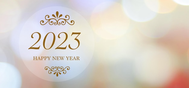 Frohes neues Jahr 2023 auf verschwommenem abstraktem Bokeh-Hintergrund Neujahrs-Grußkarten-Banner