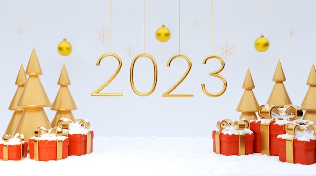 Frohes neues Jahr 2023 Poster auf Schnee Hintergrund 2023 Text mit roten Geschenkbox goldenen Weihnachtsbäumen