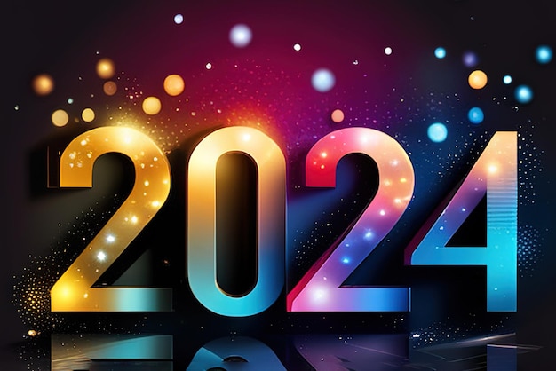 Frohes neues Jahr 2024. Goldene Zahlen auf buntem Hintergrund mit Glitzer