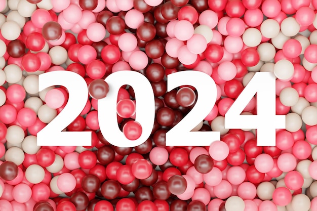 Frohes neues Jahr 2024. Volumetrische mehrfarbige Zahlen von 2024 auf einem mehrfarbigen Hintergrund mit Kugeln. Trendiger Weihnachtshintergrund mit Glaskugeln. Realistische 3D-Illustration