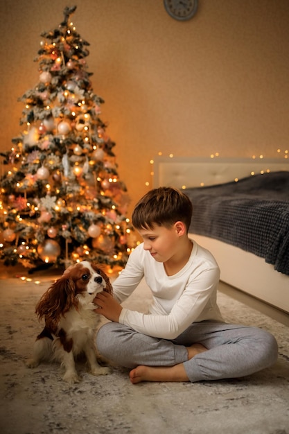 Frohes neues Jahr ein Junge in leichten hausgemachten Pyjamas umarmt sein Haustier Cavalier King Charles Spaniel zu Hause im Schlafzimmer in der Nähe des Weihnachtsbaums