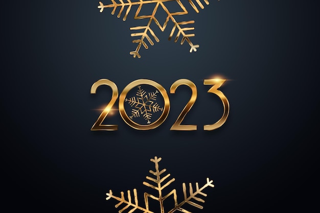 Frohes neues Jahr goldene Zahlen 2023 auf dunklem Hintergrund Holiday Card Magazin Stil Banner Website Header Web Poster Vorlage für Werbeplakat 3D-Illustration 3D-Rendering