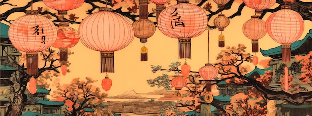 Frohes neues Jahr mit orientalischer Dekoration und Papierlaternen