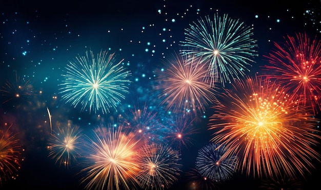 Frohes neues Jahr, Party-Feier-Hintergrund, buntes Feuerwerk mit Bokeh-Hintergrund mit Kopierraum
