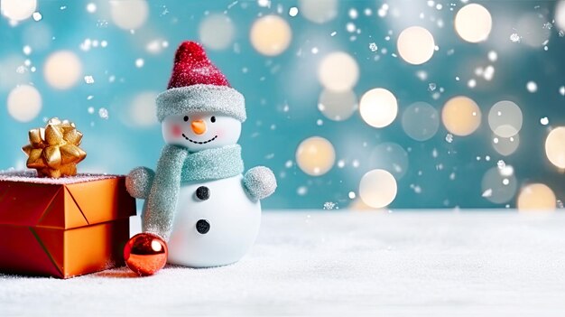 Frohes neues Jahr und frohe Weihnachtskarte mit einem Schneemann auf verschneitem Hintergrund. Platz für Text