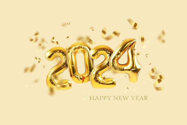 Frohes Neujahr 2024 Heliumballons mit Konfetti auf beigenem Hintergrund Neujahrs- und Weihnachtsidee