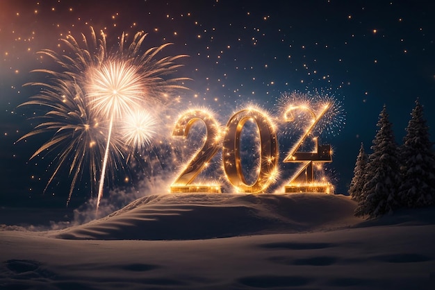 Frohes Neujahr 2024 Schöner kreativer Urlaubs-Hintergrund mit Feuerwerk und funkelnder Schrift 2024