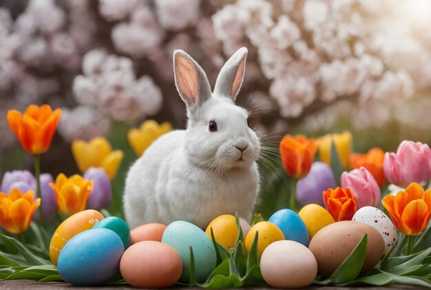 Foto frohes ostern zu hause mit bunten eiern frühlingsblumen und gemütlichem kaninchen